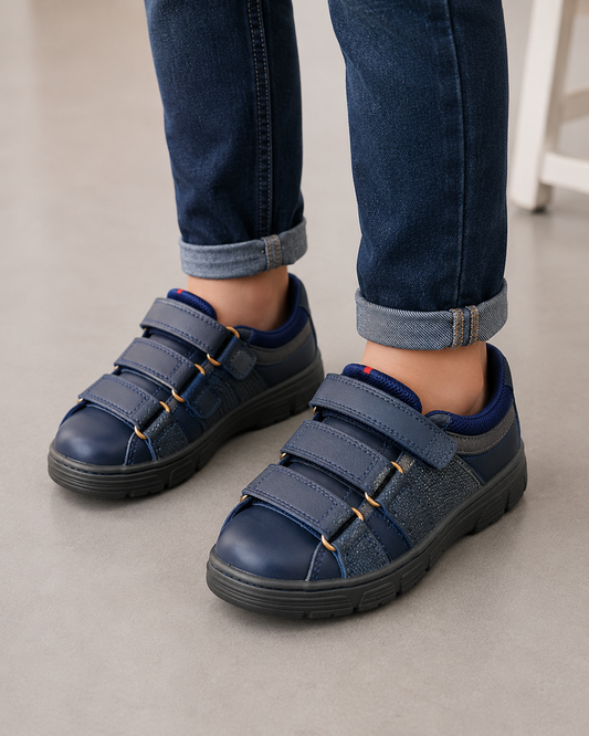 Kids' Navy Blue Triple Hook & Loop Casual Sneakers