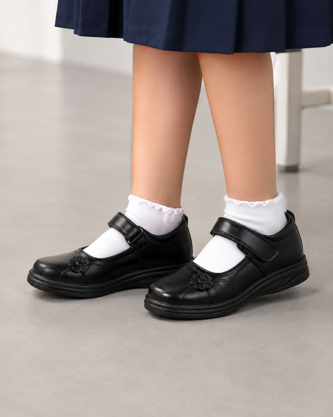 Girls Black Velcro Strap School Shoes